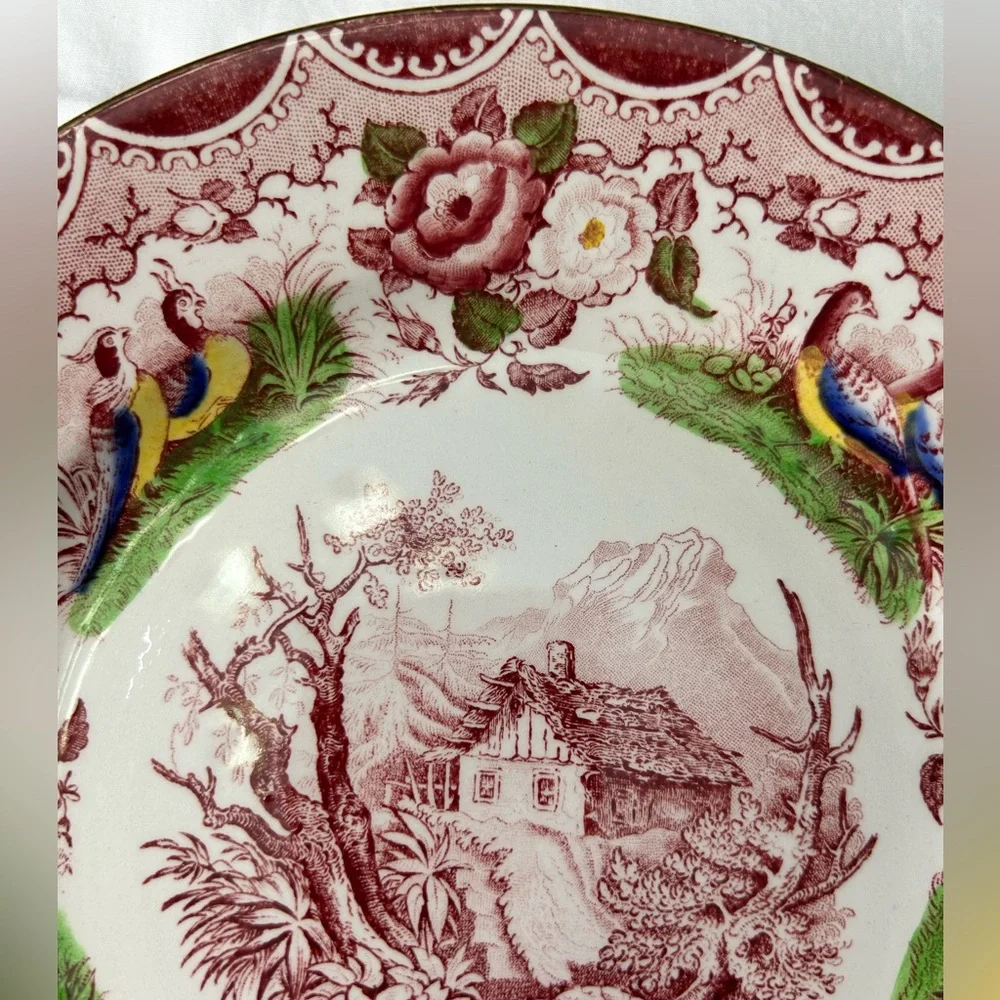 Decorative Floral Transferware Dinner Plates - Set of 2 (Red & Green)